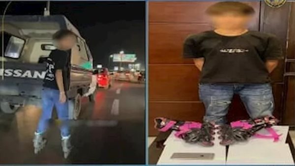 مرتديا حذاء تزحلق.. التفاصيل الكاملة للقبض على أجنبي أمسك بالصندوق الخلفي لسيارة شرطة | فيديو